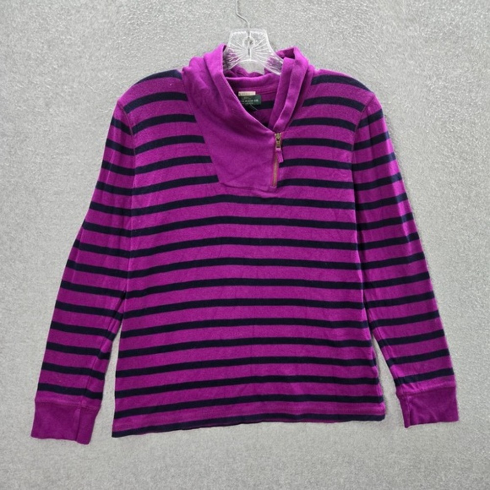 Lauren Ralph Lauren Women Sweatshirt Large Purple Striped 1/4 Zip Mock Neck